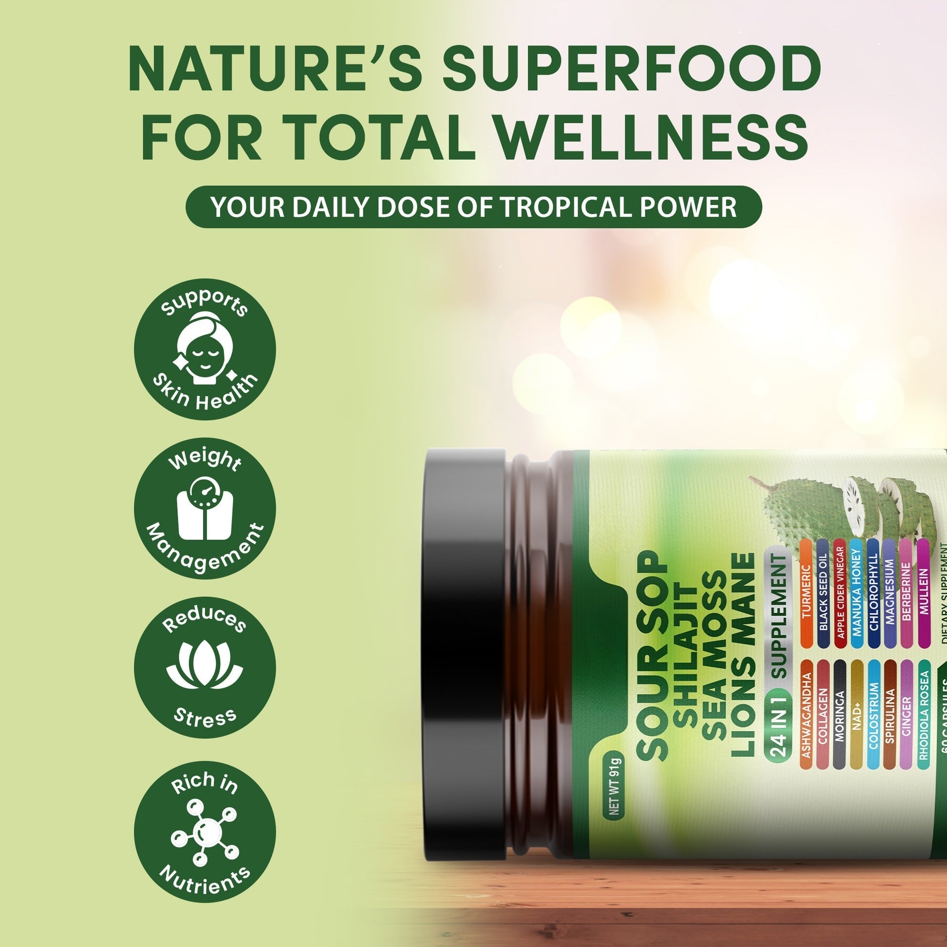 24-in-1 Soursop Wellness Supplement with Sea Moss, Black Seed Oil and Turmeric