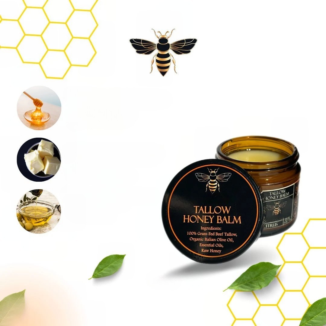 Organic Tallow Honey Balm with Grass-Fed Beef Tallow, Olive Oil and Raw Honey