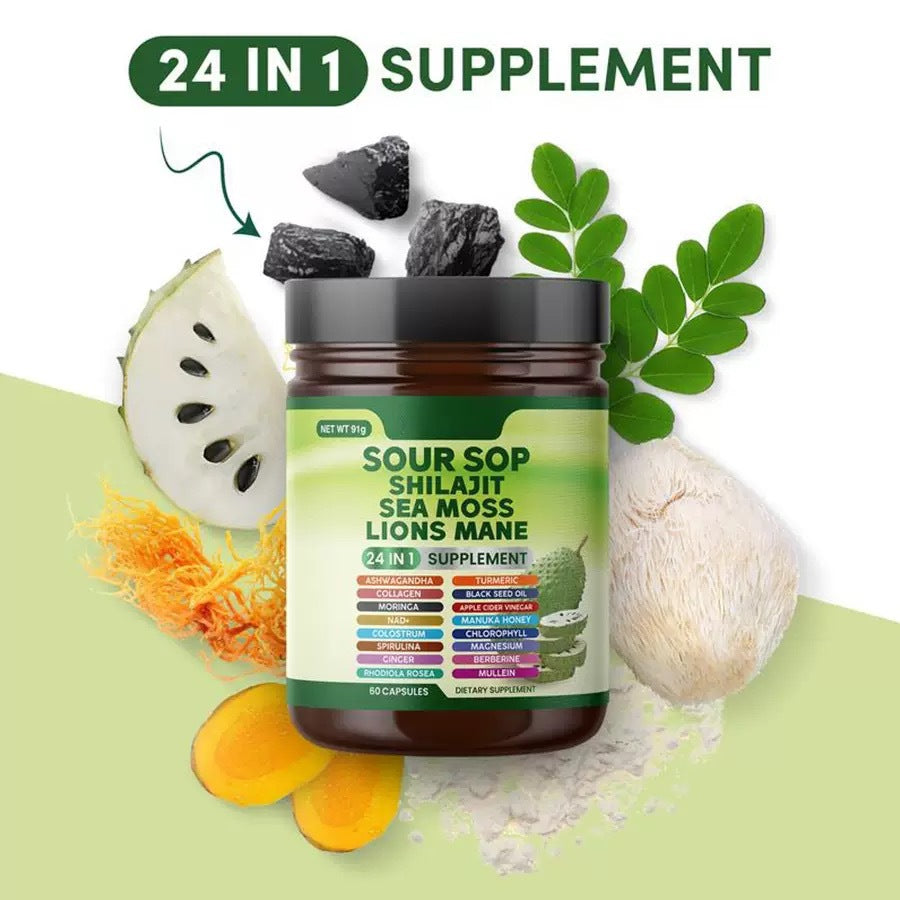 24-in-1 Soursop Wellness Supplement with Sea Moss, Black Seed Oil and Turmeric