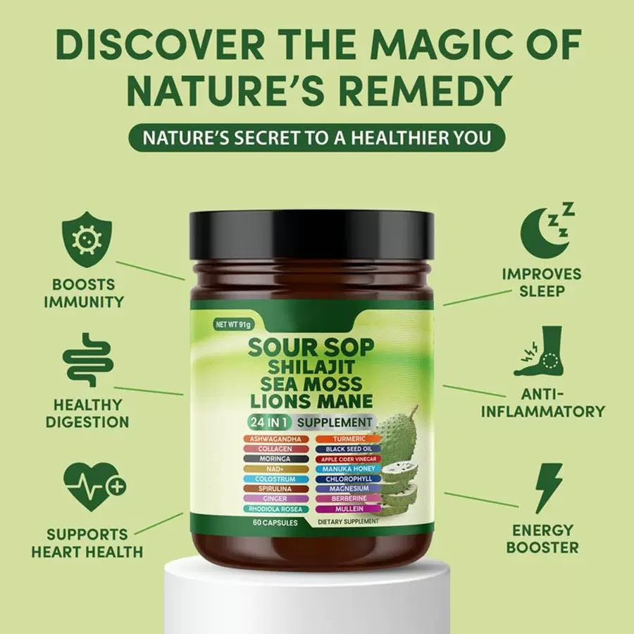 24-in-1 Soursop Wellness Supplement with Sea Moss, Black Seed Oil and Turmeric