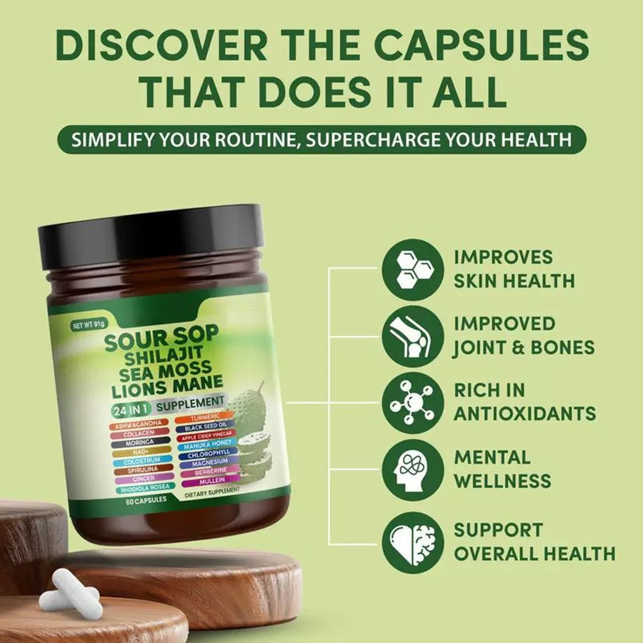 24-in-1 Soursop Wellness Supplement with Sea Moss, Black Seed Oil and Turmeric