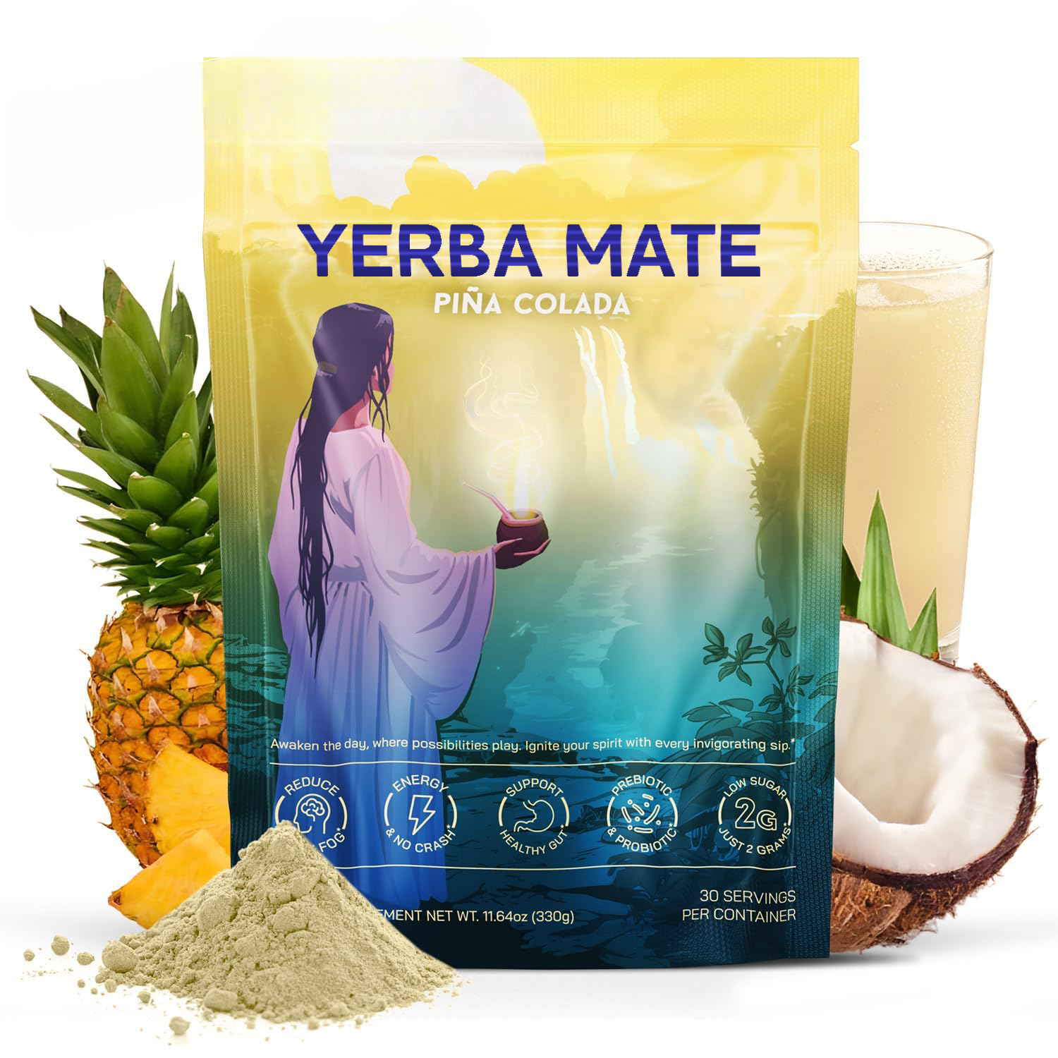 Yerba Mate Instant Tea Powder with Lion's Mane, L-Theanine and Probiotics